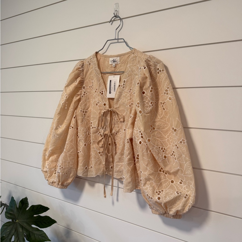 ABLE Cream Floral Tie Front Blouse Lace Boho Feminine Top Size M - Picture 2 of 6